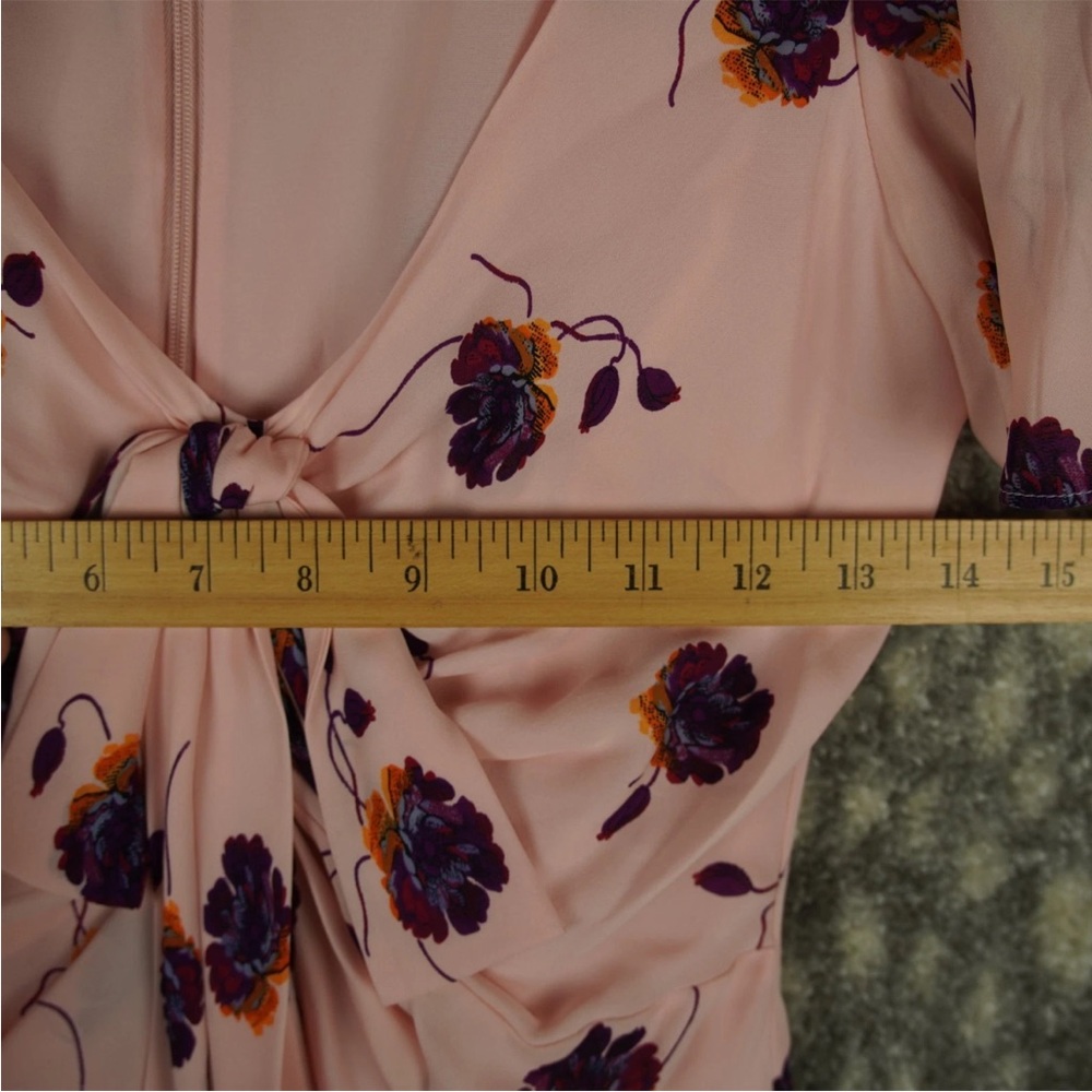 Cinq a Sept Midi Dress Blush Pink Floral Print Ruffle Trim Sz 4 Silk Bow Tie - Picture 13 of 15